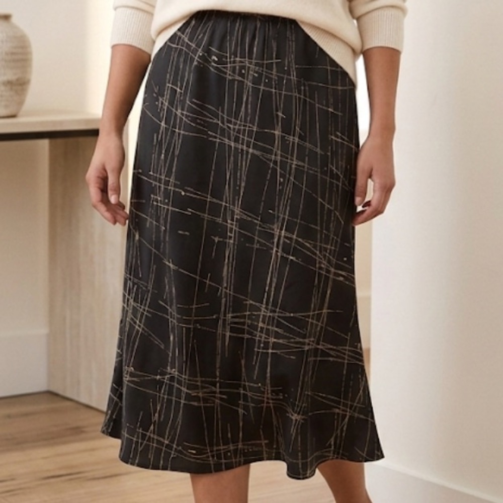 The Limited 100% Silk Midi Skirt Black Gold Abstract Print Size S